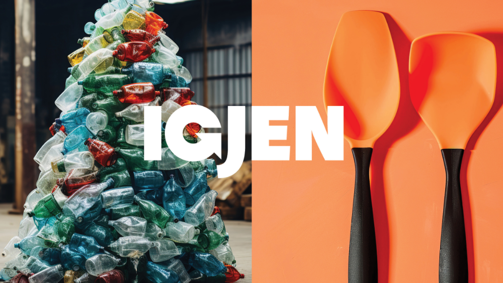 Plastflasker sortert for gjenvinning og kjøkkenredskaper laget av resirkulert plast. Illustrasjon fra Tenk igjen-konseptet til Norsk Gjenvinning.