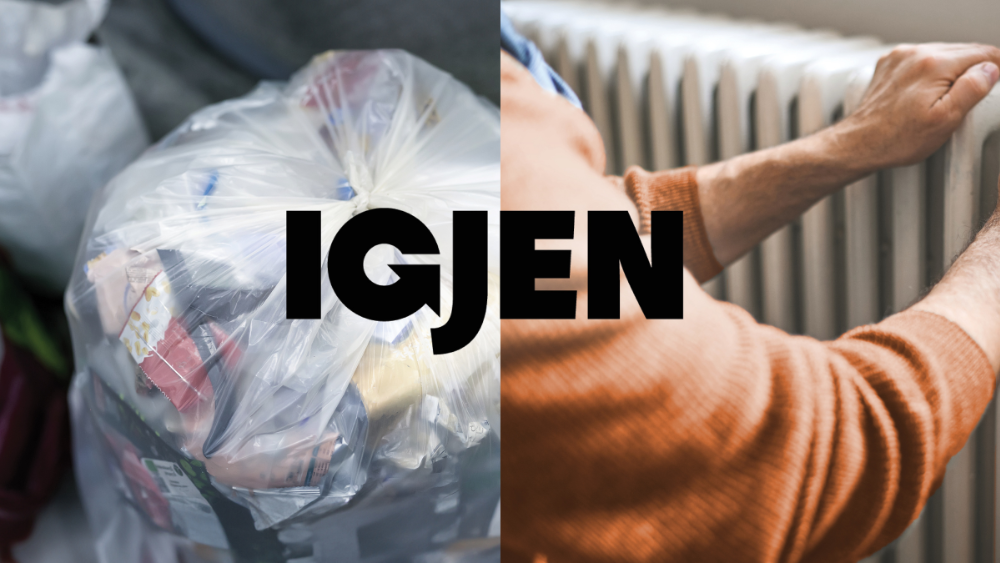 En plastpose full av avfall til venstre og en hånd på en radiator til høyre, med «tenk igjen»-konseptet til Norsk Gjenvinning.