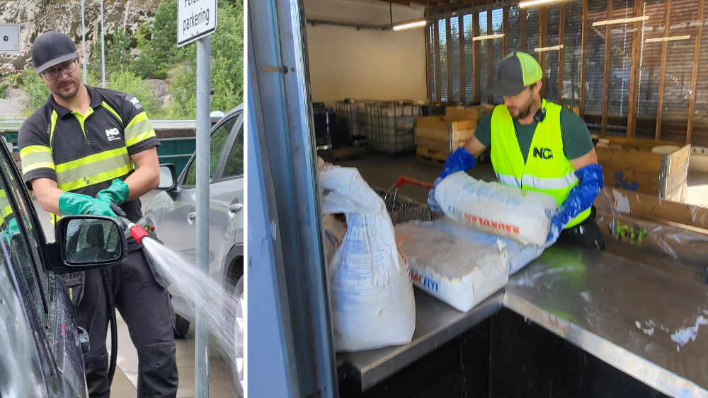 Kim Robin Brattås i arbeid på Grinda gjenvinningsstasjon med ulike praktiske oppgaver